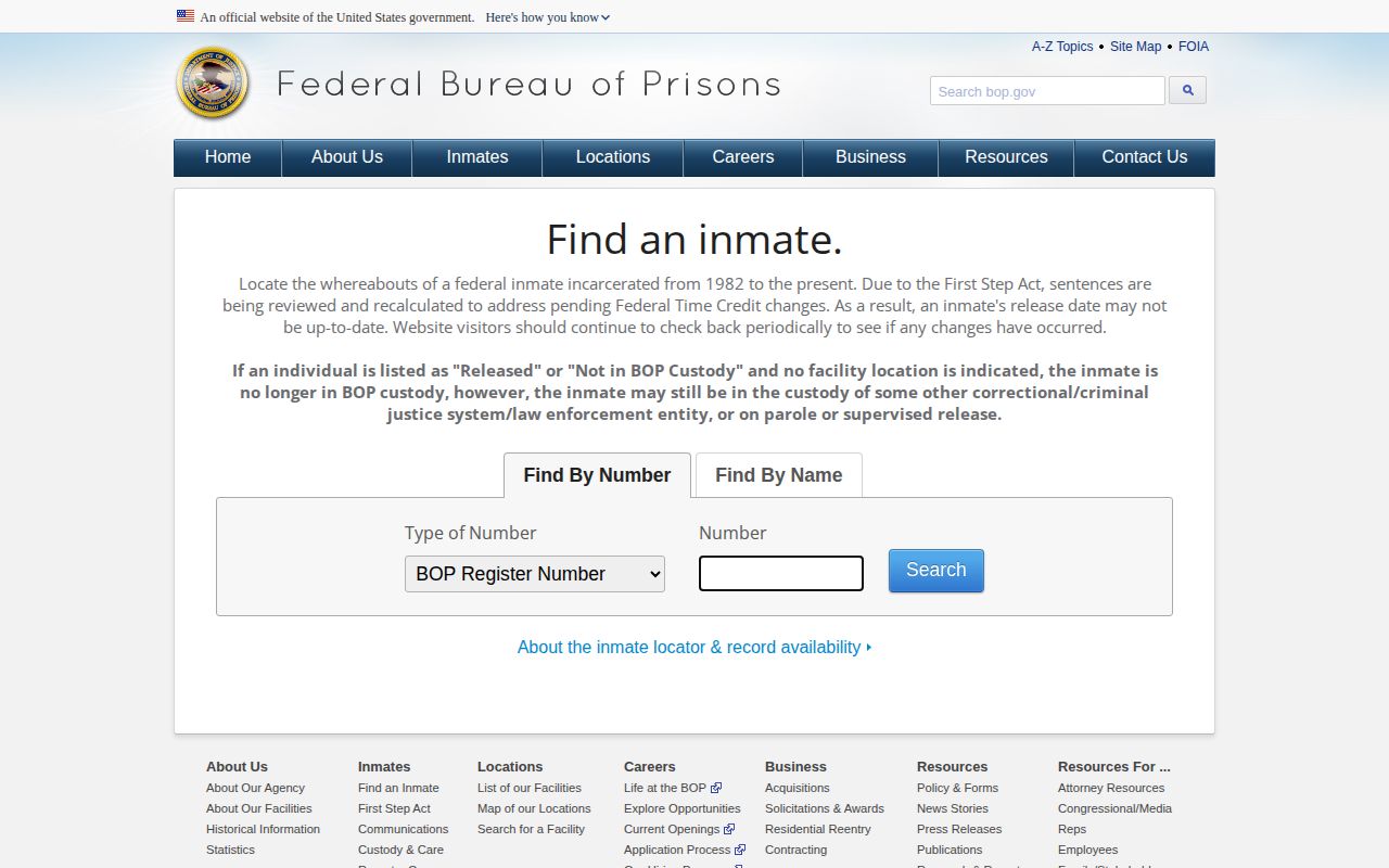 BOP federal release search fields serving Brevard County