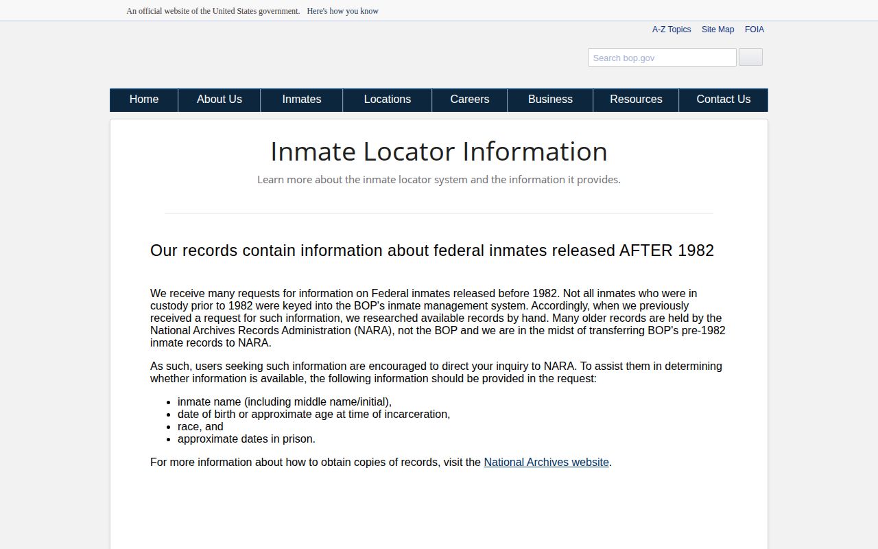 Official BOP released and not in custody status meanings for Brevard searches