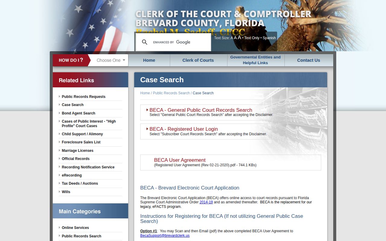 Brevard Clerk case search gateway and public access notice