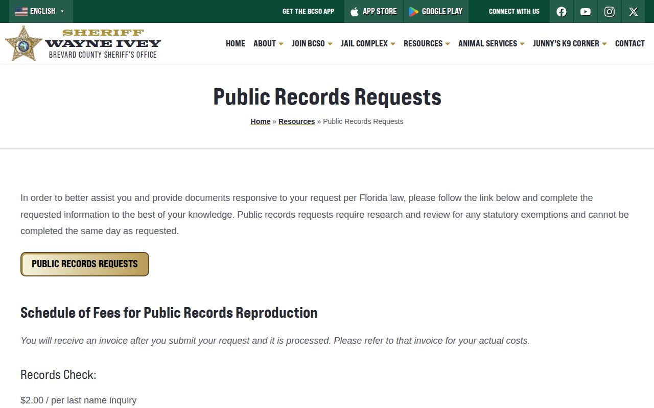 Brevard County Sheriff's Office public records request and fee information