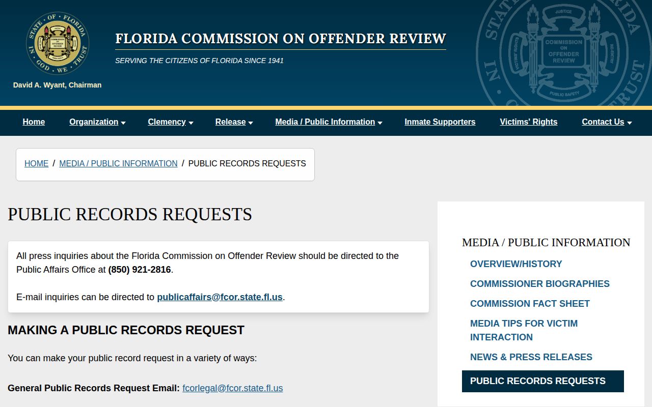 FCOR records request route for Brevard County parole hearing outcomes