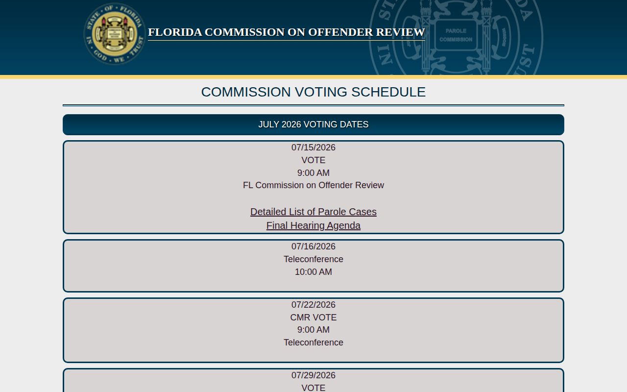 Brevard County parole hearing schedule and Commission voting cadence