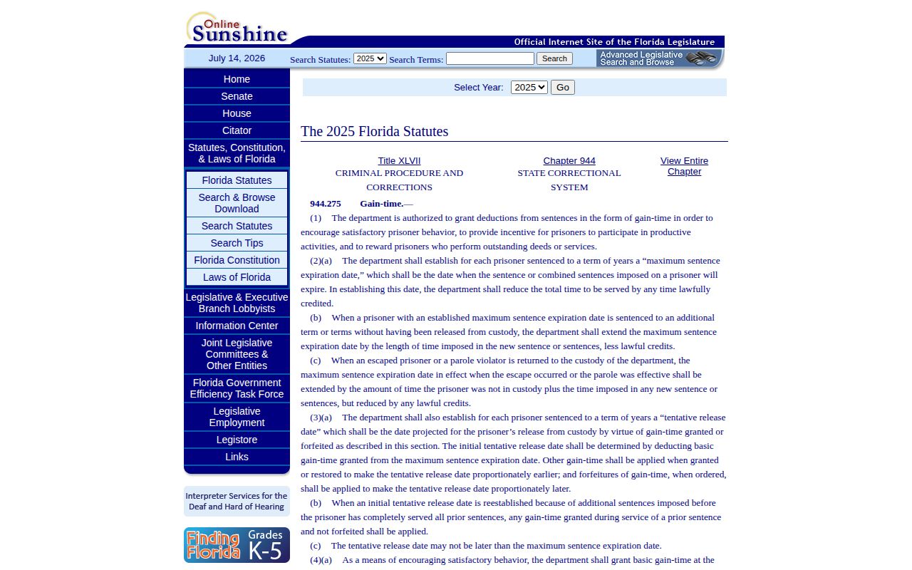 Florida tentative release date statute used for Brevard County prisoners