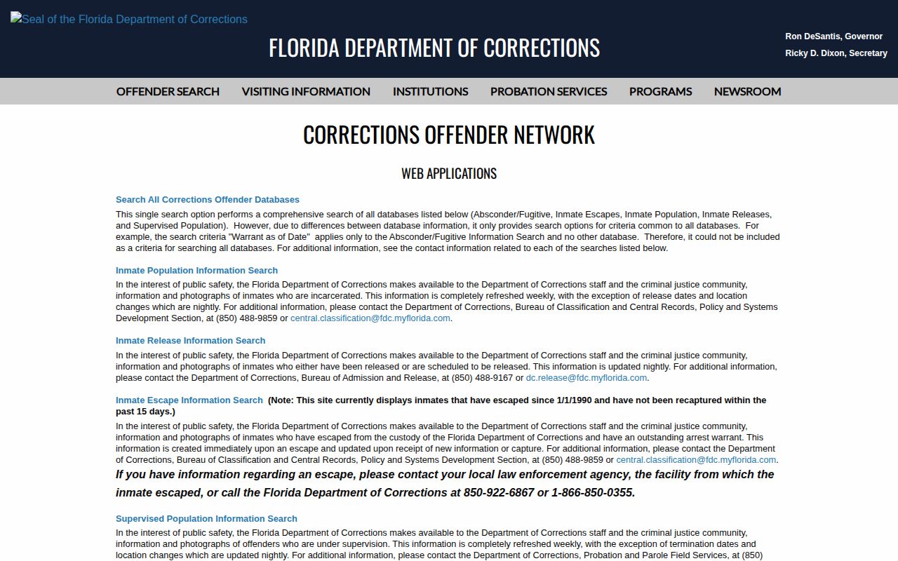 Brevard County projected release searches in the Florida FDC menu