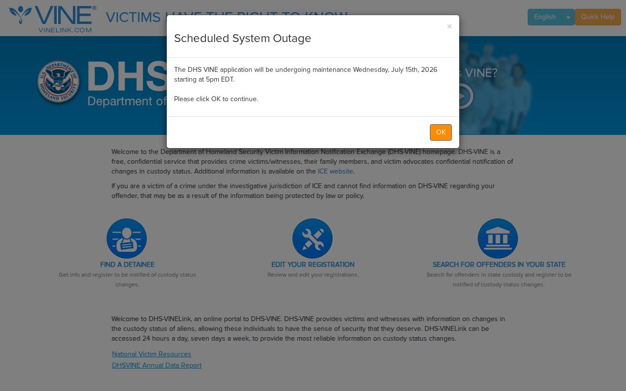 Brevard County DHS-VINE immigration custody and release notification service